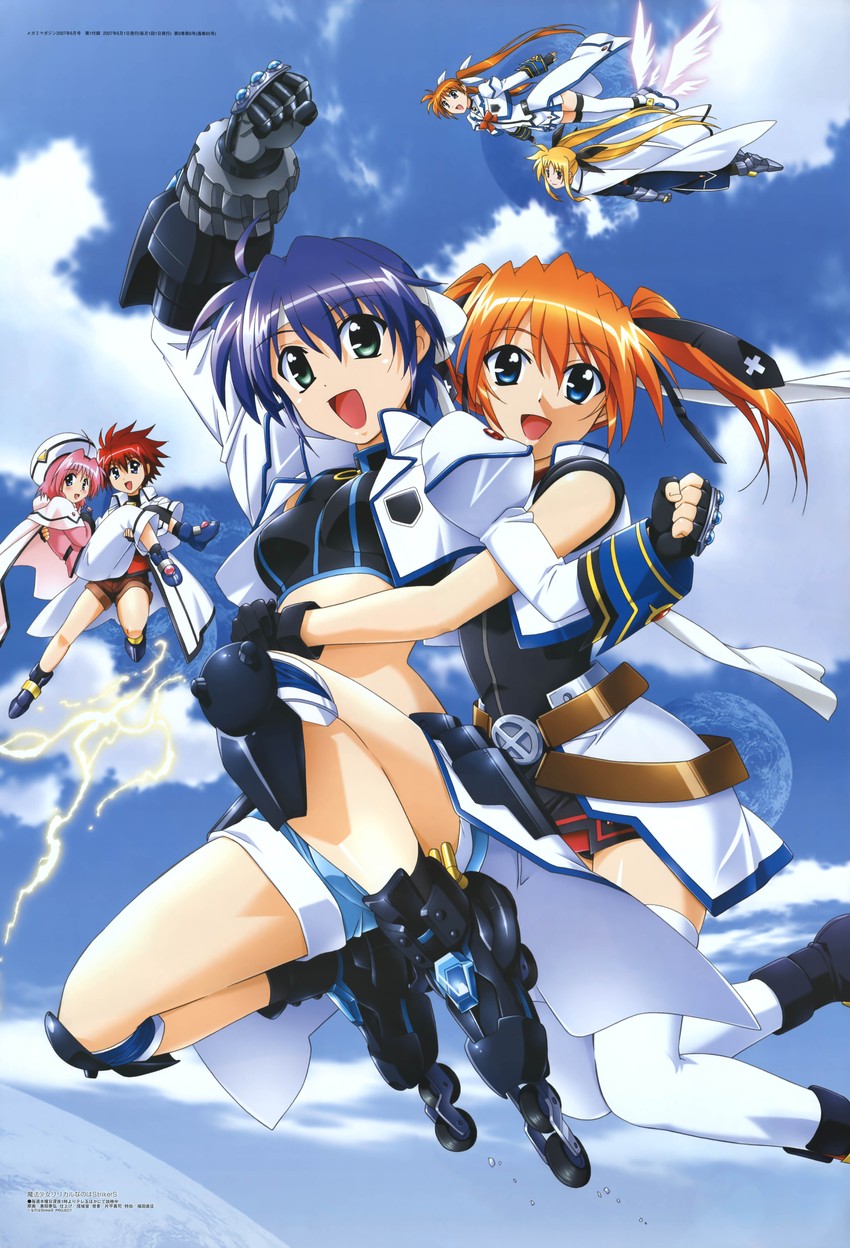 fate testarossa, takamachi nanoha, subaru nakajima, teana lanster, caro ru lushe, and 3 more (lyrical nanoha and 2 more) drawn by okuda_yasuhiro