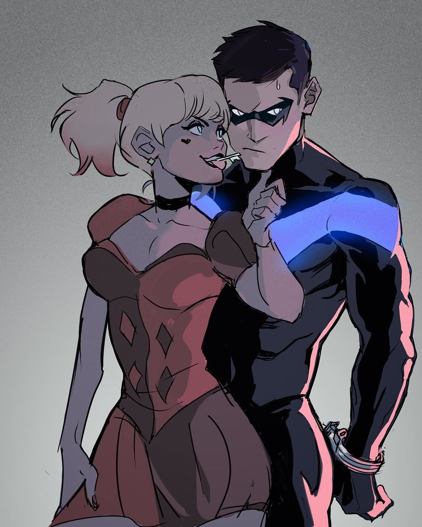 harley quinn, dick grayson, and nightwing (dc comics and 3 more) drawn by gabriel_picolo
