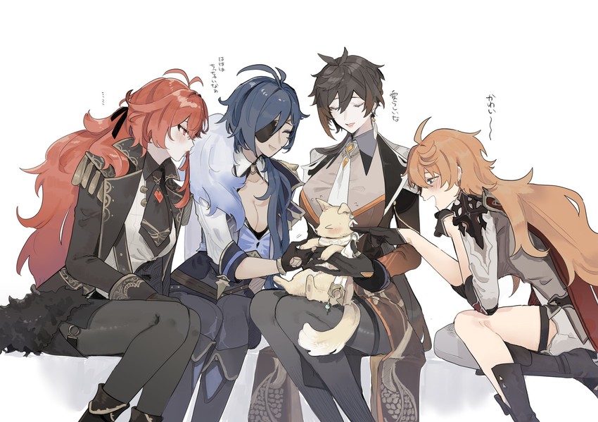 aether, zhongli, tartaglia, diluc, and kaeya (genshin impact) drawn by tabibitowayo
