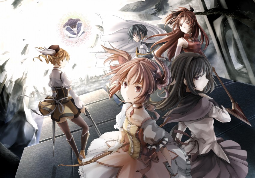 akemi homura, kaname madoka, miki sayaka, sakura kyoko, tomoe mami, and 1 more (mahou shoujo madoka magica) drawn by mitsu_(tendou_itsuki)