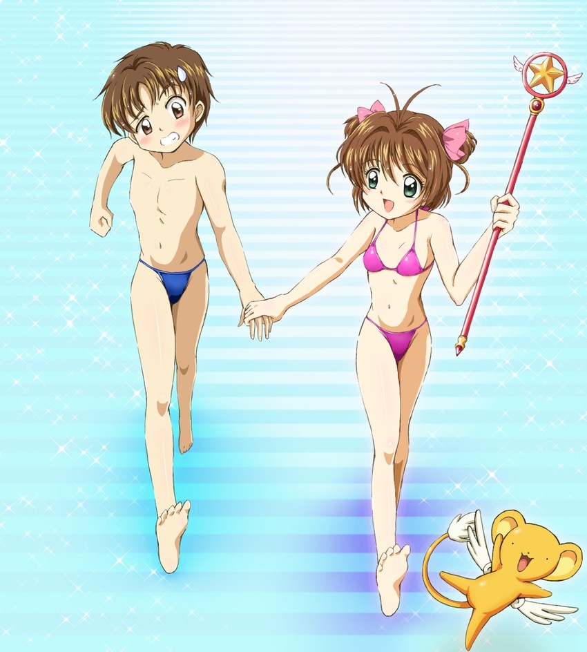 kinomoto sakura, kero, and li syaoran (cardcaptor sakura) drawn by kinfuji