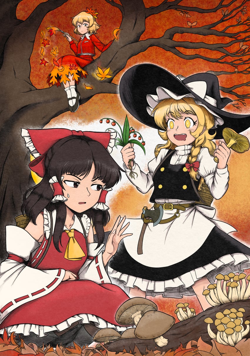 hakurei reimu, kirisame marisa, and aki shizuha (touhou) drawn by giantcavemushroom