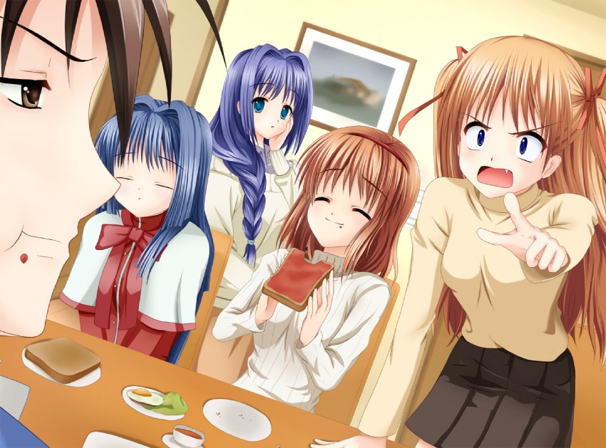 tsukimiya ayu, minase nayuki, minase akiko, sawatari makoto, and aizawa yuuichi (kanon) drawn by yuzuki_karin