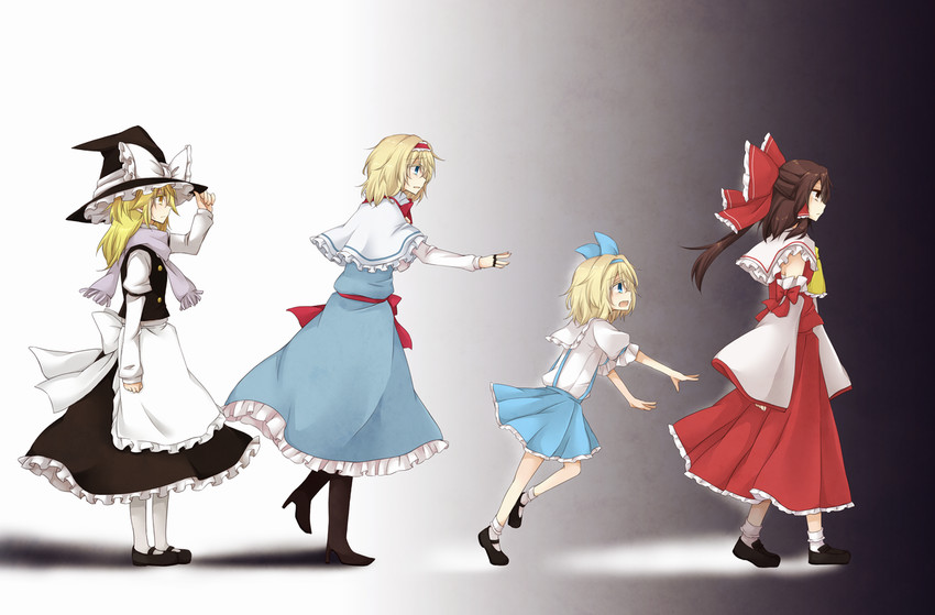 hakurei reimu, kirisame marisa, and alice margatroid (touhou) drawn by yuuta_(monochrome)