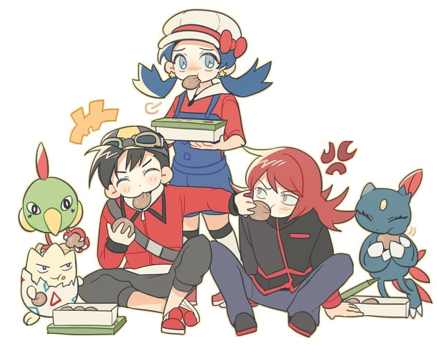 ethan, silver, kris, togepi, sneasel, and 1 more (pokemon and 1 more) drawn by kong_(6ki3ki)