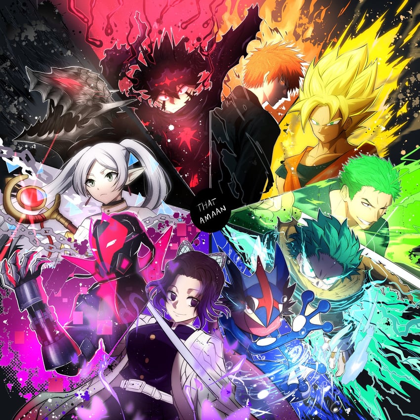 frieren, son goku, midoriya izuku, roronoa zoro, kochou shinobu, and 7 more (pokemon and 13 more) drawn by thatamaan