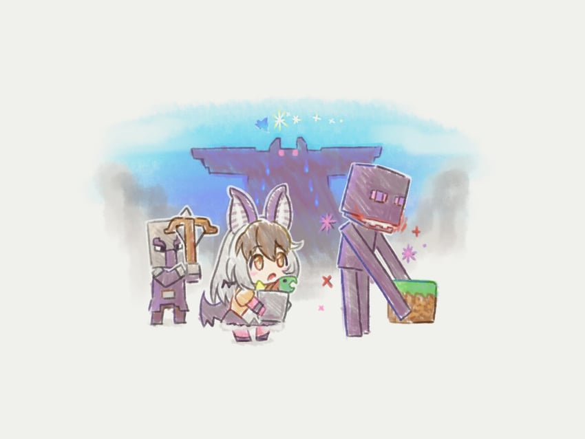 brown long-eared bat, enderman, and pillager (kemono friends and 2 more) drawn by kuroi_ani