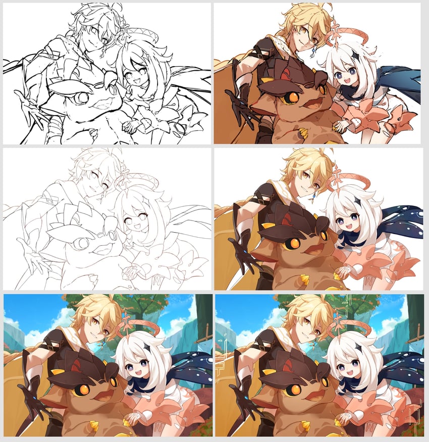 aether, paimon, tepetlisaurus, and little one (genshin impact) drawn by kottone_8