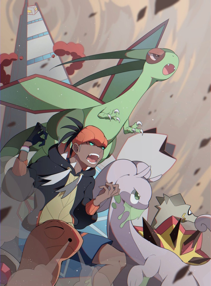 raihan, flygon, goodra, torkoal, duraludon, and 2 more (pokemon and 1 more) drawn by aru_(citrine_drplt)
