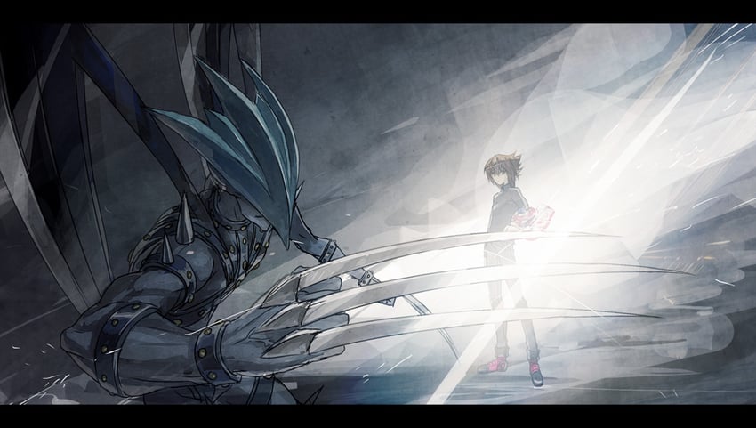 yuki judai and elemental hero dark neos (yu-gi-oh! and 1 more) drawn by moribuden