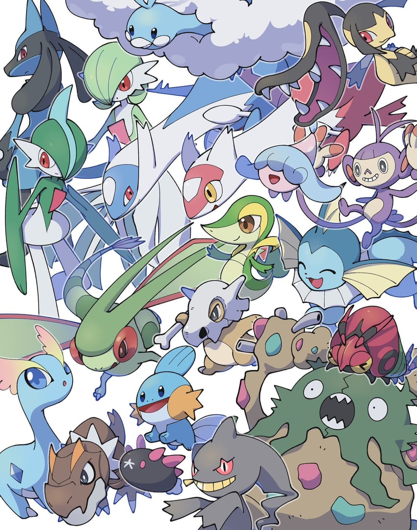 gardevoir, lucario, vaporeon, snivy, mudkip, and 15 more (pokemon) drawn by omochi_(omotimotittona3)
