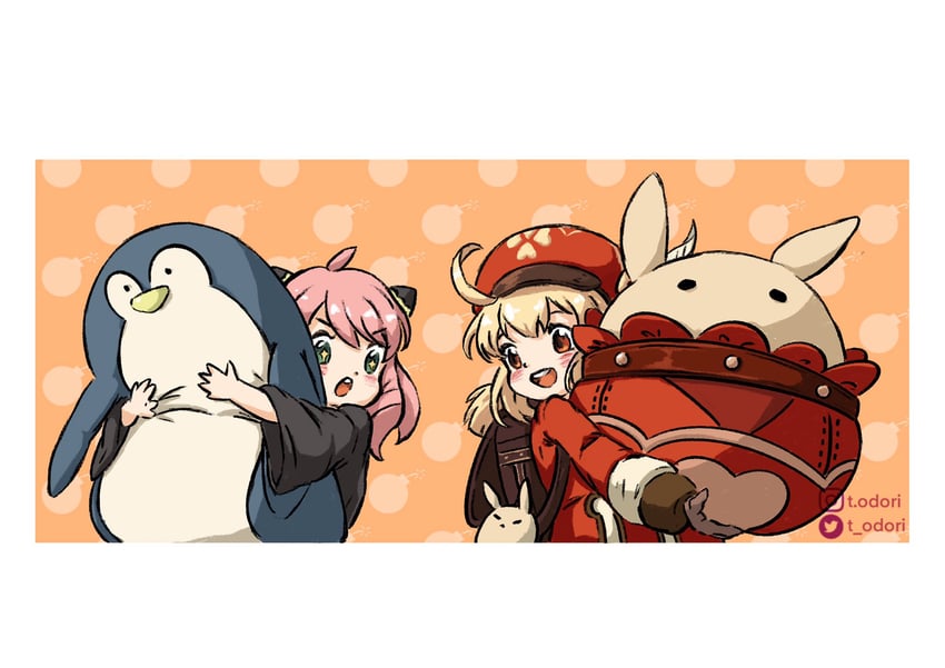 klee, anya, dodoco, and jumpy dumpty (genshin impact and 1 more) drawn by t.odori