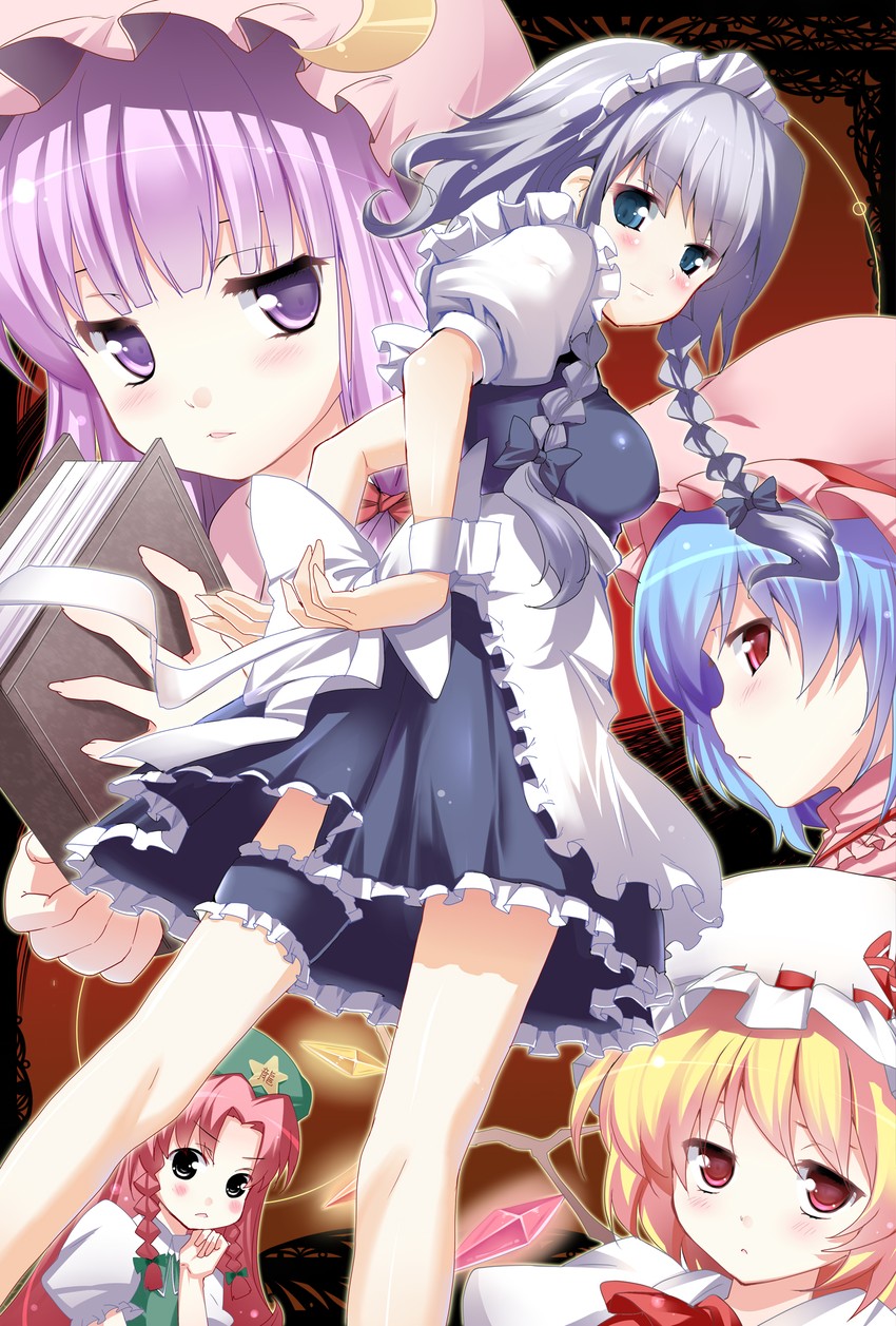 remilia scarlet, flandre scarlet, izayoi sakuya, patchouli knowledge, and hong meiling (touhou) drawn by pikazo