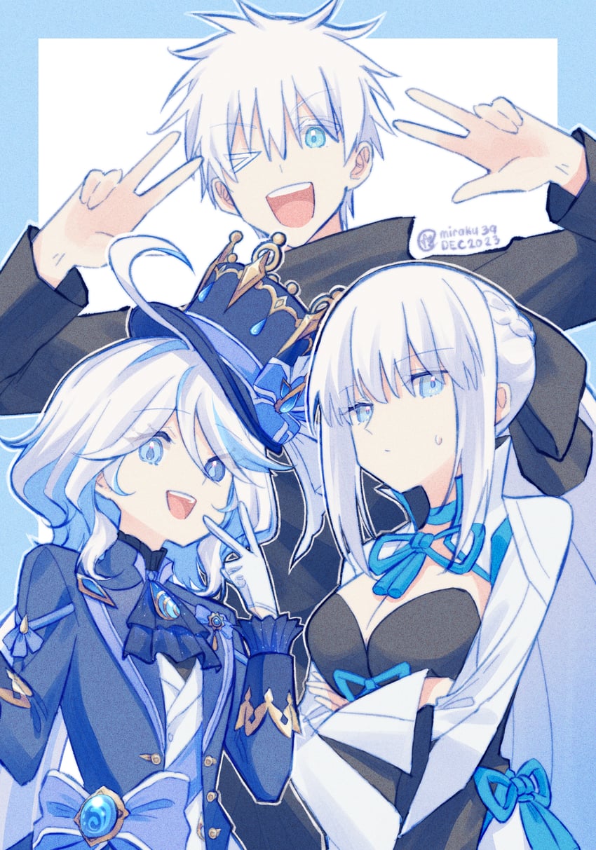 furina, morgan le fay, and gojou satoru (fate and 3 more) drawn by miraku39