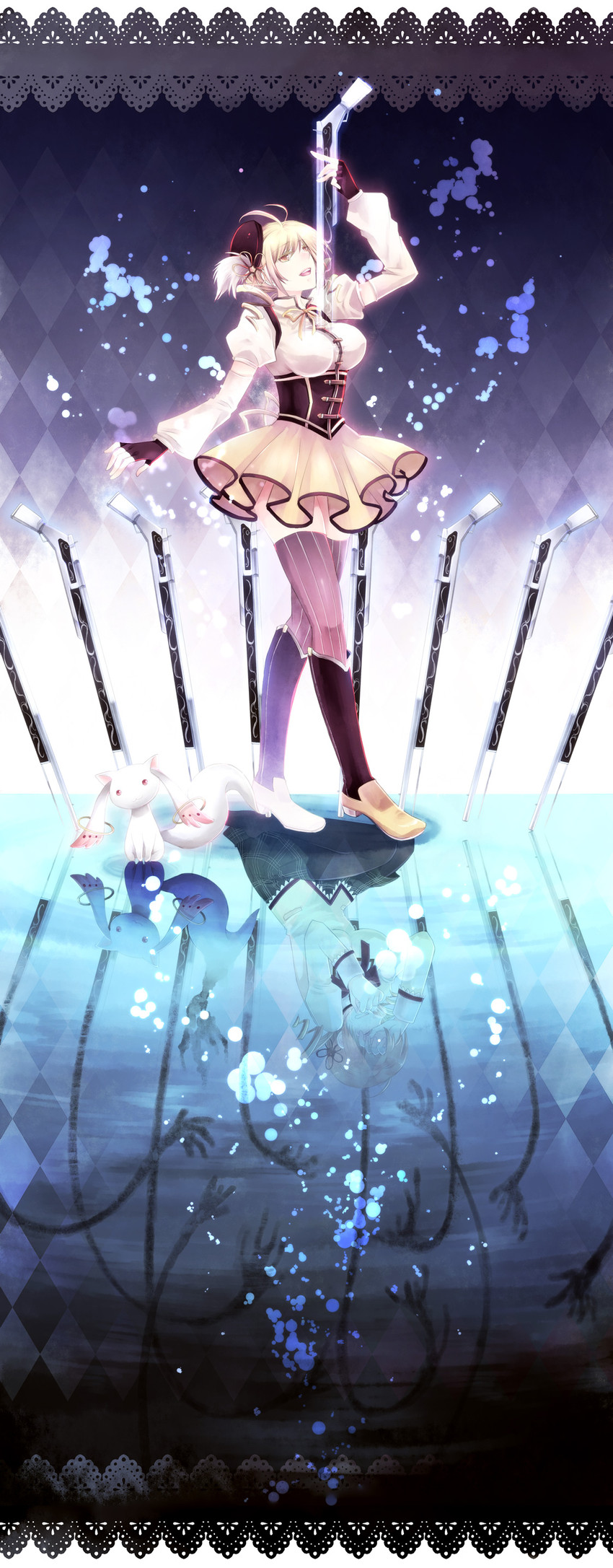 tomoe mami and kyubey (mahou shoujo madoka magica) drawn by takamura_ryou