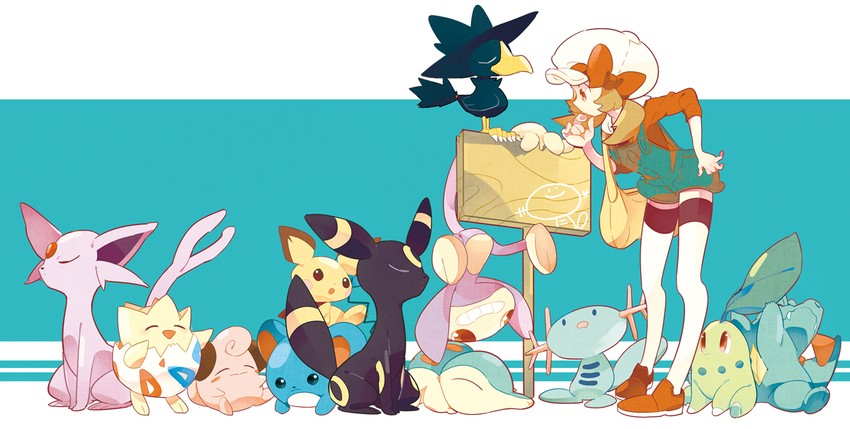 umbreon, lyra, espeon, cyndaquil, chikorita, and 8 more (pokemon and 1 more) drawn by hagiko