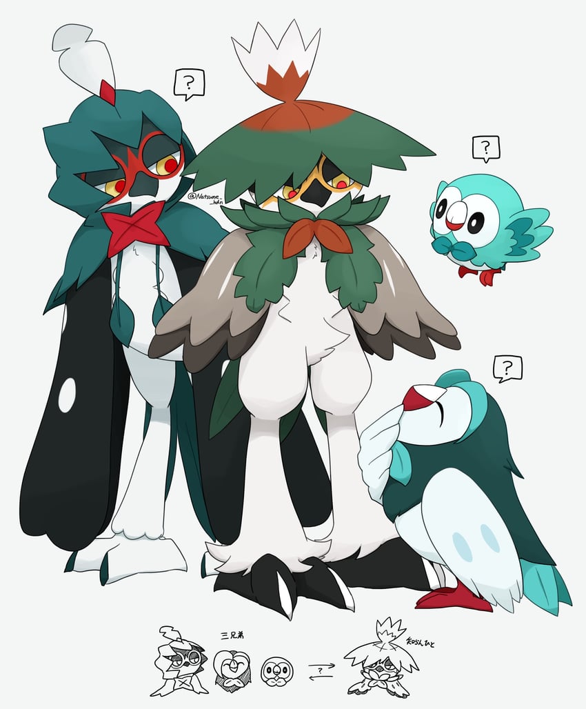 rowlet, decidueye, hisuian decidueye, and dartrix (pokemon) drawn by hidane_(natsume_hdn)