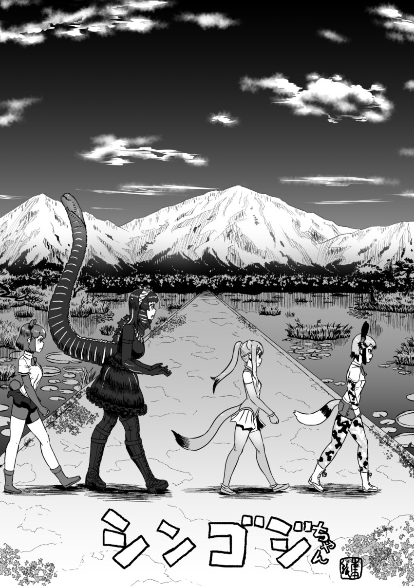 godzilla, brown bear, golden snub-nosed monkey, and african wild dog (kemono friends and 4 more) drawn by kishida_shiki