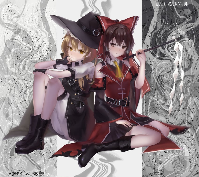 hakurei reimu and kirisame marisa (touhou and 1 more) drawn by hanaya_(fleur) and yuuren_kyouko