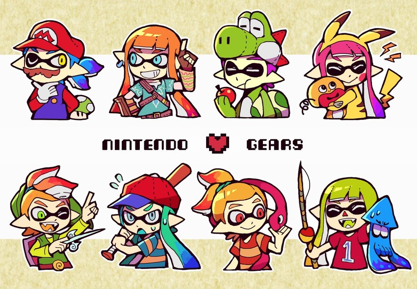 link, inkling player character, pikachu, inkling girl, mario, and 5 more (pokemon and 13 more) drawn by teijiro