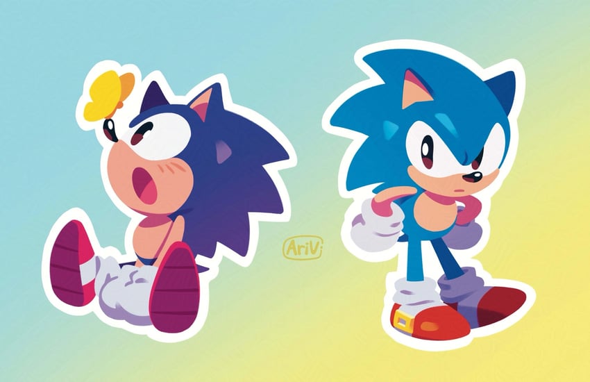 sonic the hedgehog and classic sonic (sonic and 1 more) drawn by ari_vsart