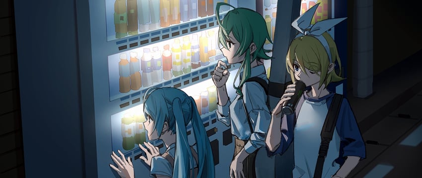 hatsune miku, kagamine rin, and gumi (vocaloid) drawn by wounds404
