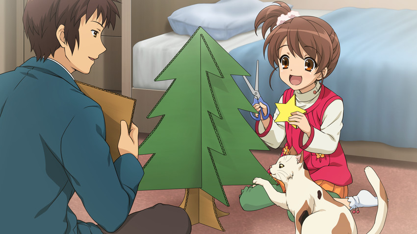 kyon, kyon's sister, and shamisen (suzumiya haruhi no yuuutsu and 2 more)