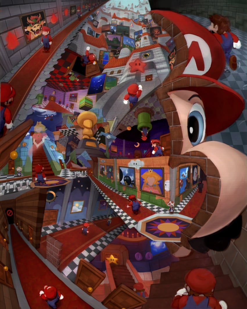 princess peach, mario, luigi, bowser, and toad (mario and 2 more) drawn by zhjake