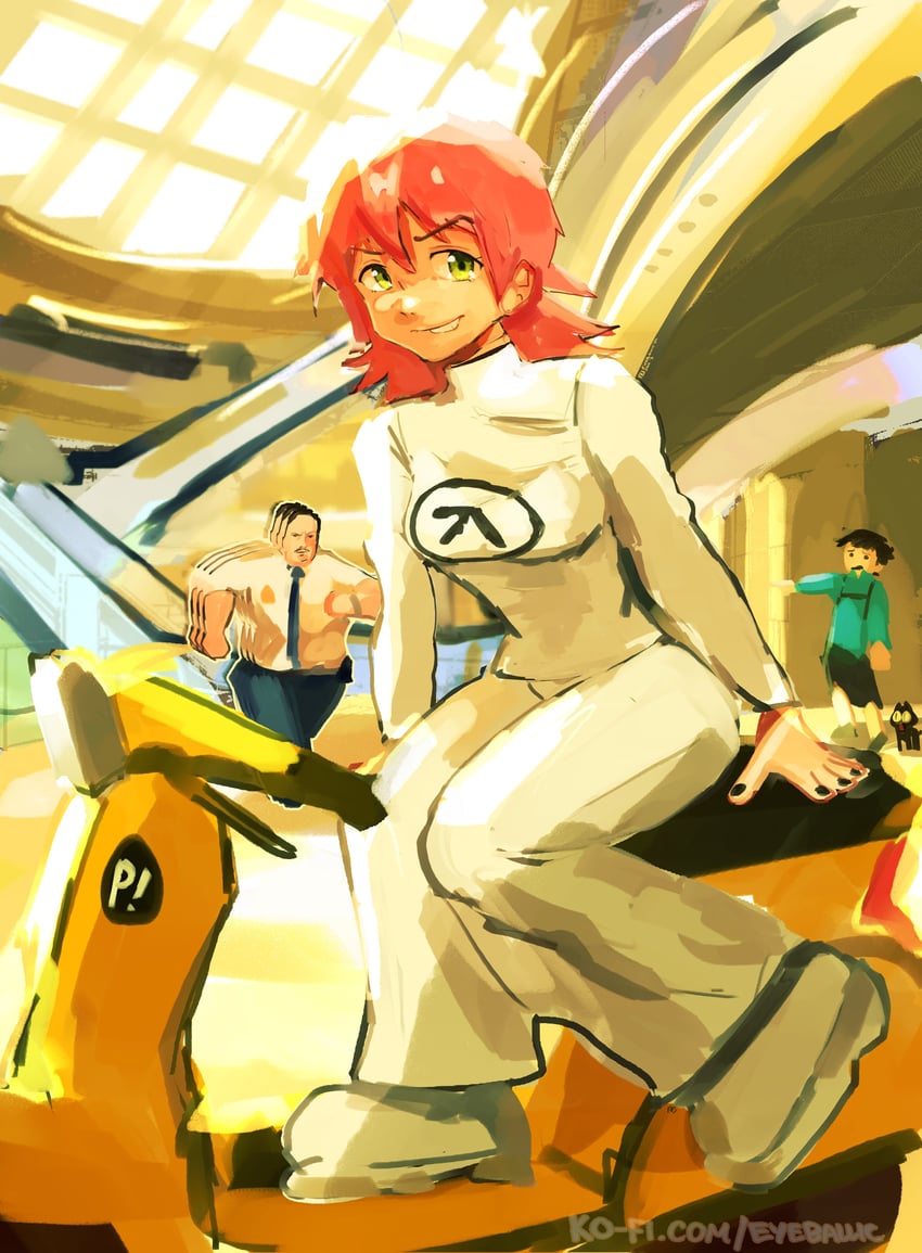 haruhara haruko, nandaba naota, takkun, and paul blart (flcl and 2 more) drawn by eyeballic