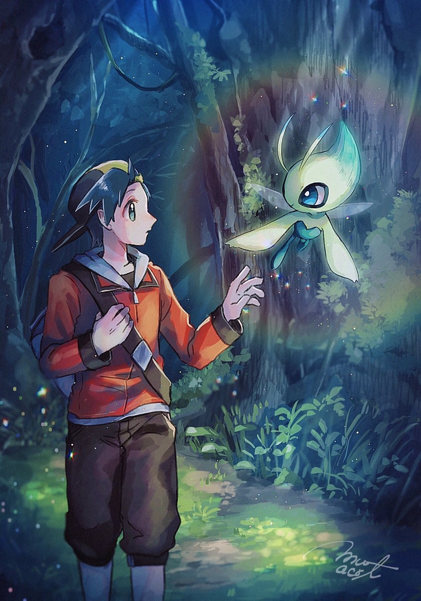 ethan and celebi (pokemon and 1 more) drawn by hanenbo