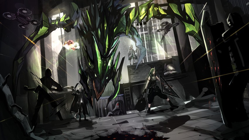 kal'tsit, hoshiguma, silverash, mon3tr, lancet-2, and 1 more (arknights) drawn by okoru_ringo