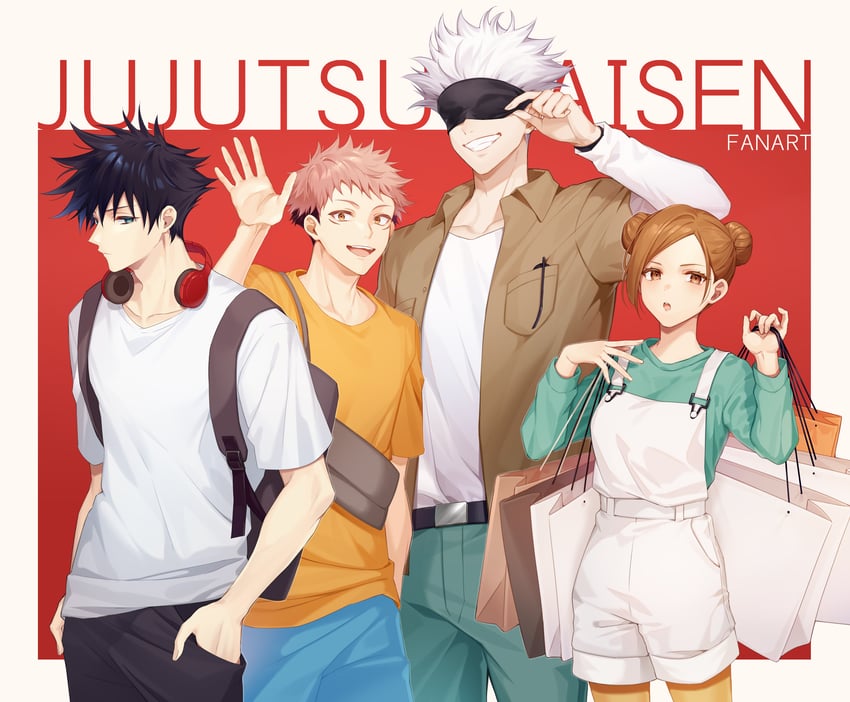 gojou satoru, itadori yuuji, fushiguro megumi, and kugisaki nobara (jujutsu kaisen) drawn by cocosuke