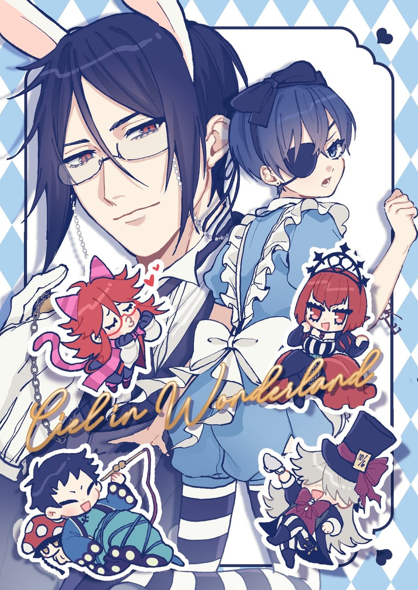 alice, ciel phantomhive, cheshire cat, sebastian michaelis, queen of hearts, and 5 more (alice's adventures in wonderland and 1 more) drawn by kurosh00kie