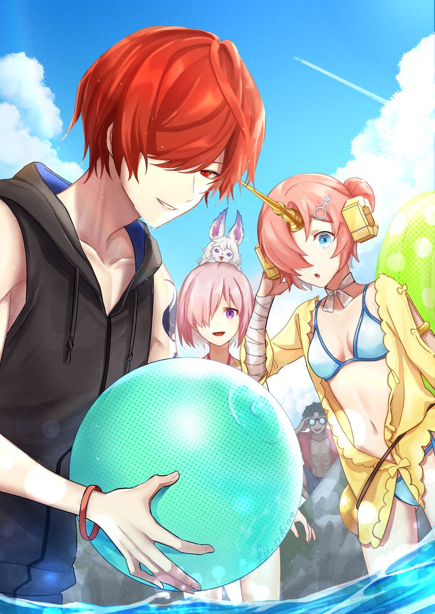 mash kyrielight, fou, frankenstein's monster, fuuma kotarou, and bartholomew roberts (fate and 1 more) drawn by fuji_(pixiv35145847)
