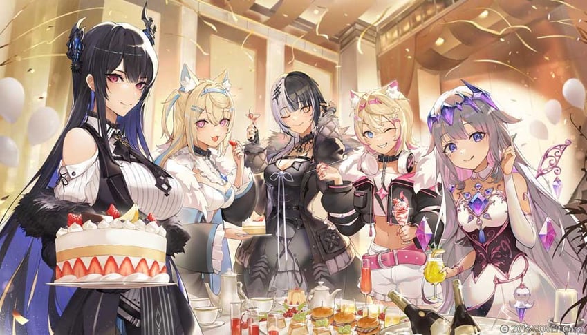 shiori novella, nerissa ravencroft, fuwawa abyssgard, mococo abyssgard, and koseki bijou (hololive and 1 more) drawn by marumoru