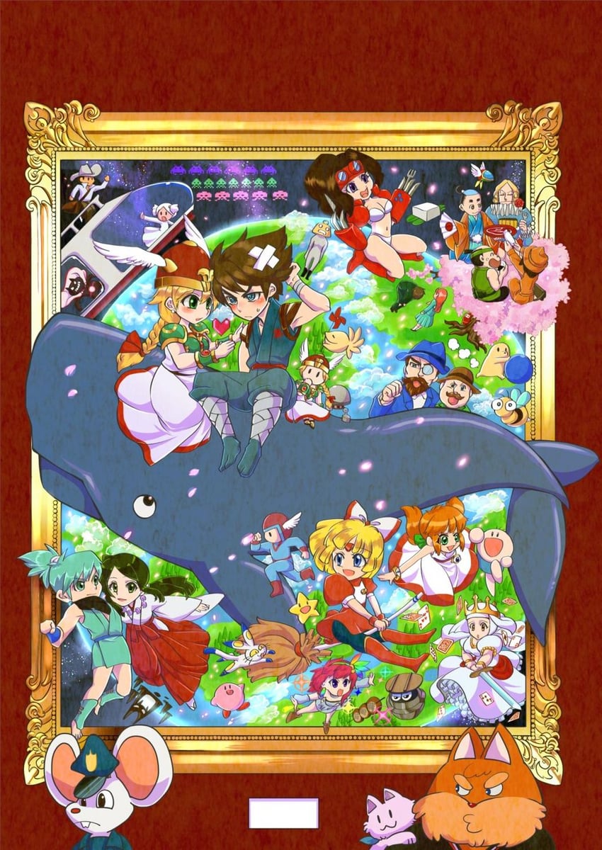 kirby, fujisaki chihiro, strider hiryuu, valkyrie, opa-opa, and 27 more (kirby and 20 more) drawn by rainy_hanyu_bridge