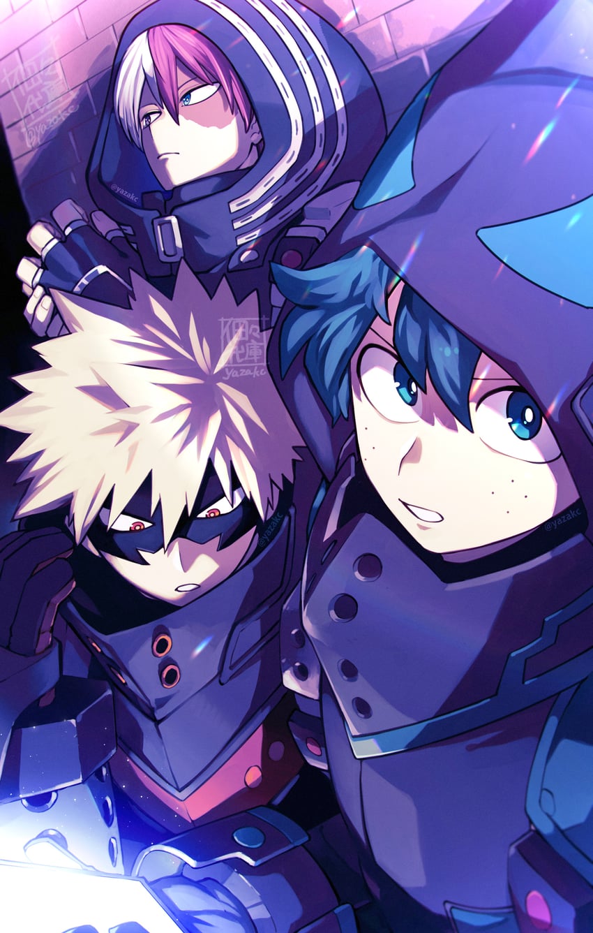midoriya izuku, bakugou katsuki, and todoroki shoto (boku no hero academia) drawn by yazaki_(yazakc)