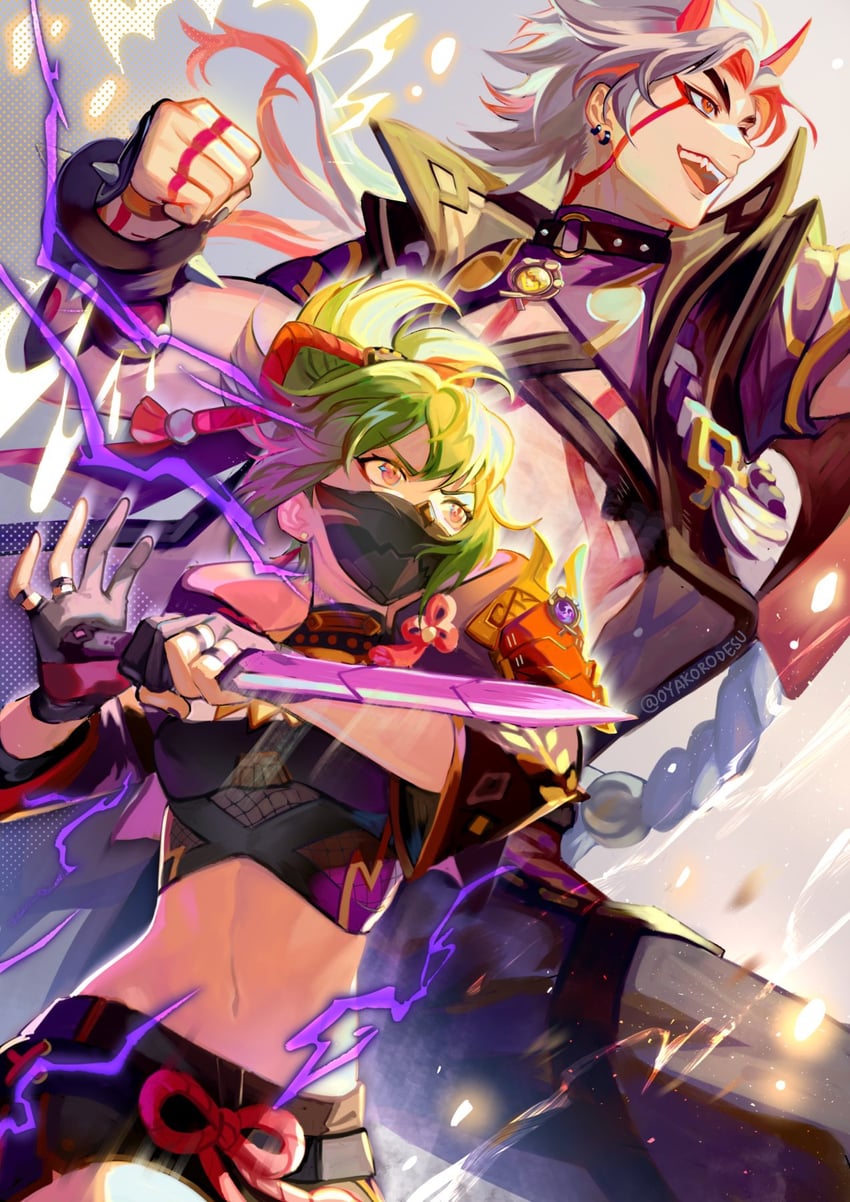 kuki shinobu and arataki itto (genshin impact) drawn by oyakorodesu
