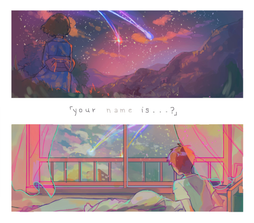 miyamizu mitsuha and tachibana taki (kimi no na wa.) drawn by routexx