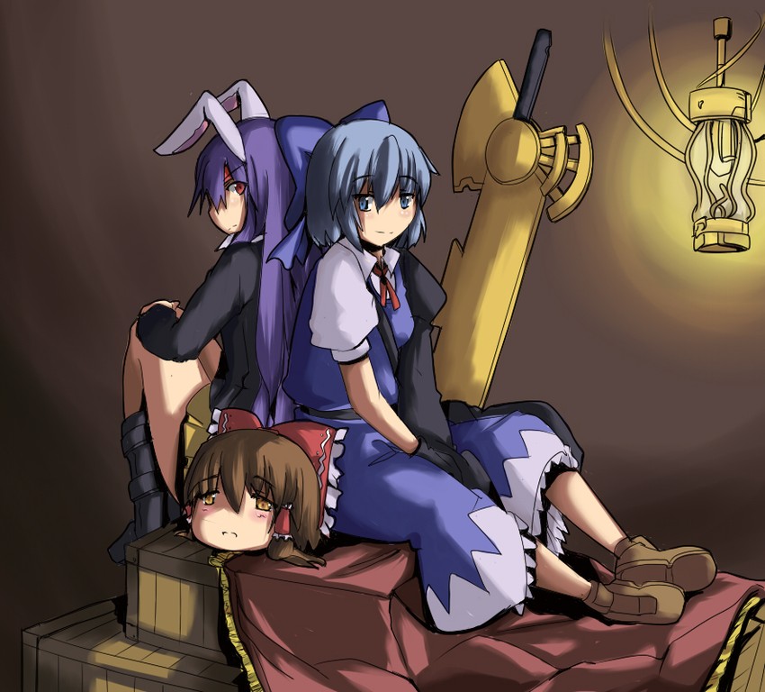 hakurei reimu, cirno, and reisen udongein inaba (touhou and 1 more) drawn by magukappu