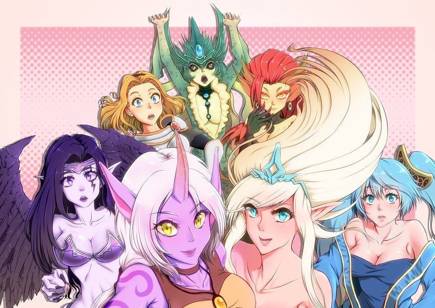 sona, lux, soraka, morgana, janna, and 2 more (league of legends) drawn by yamauchi_(conan-comy)