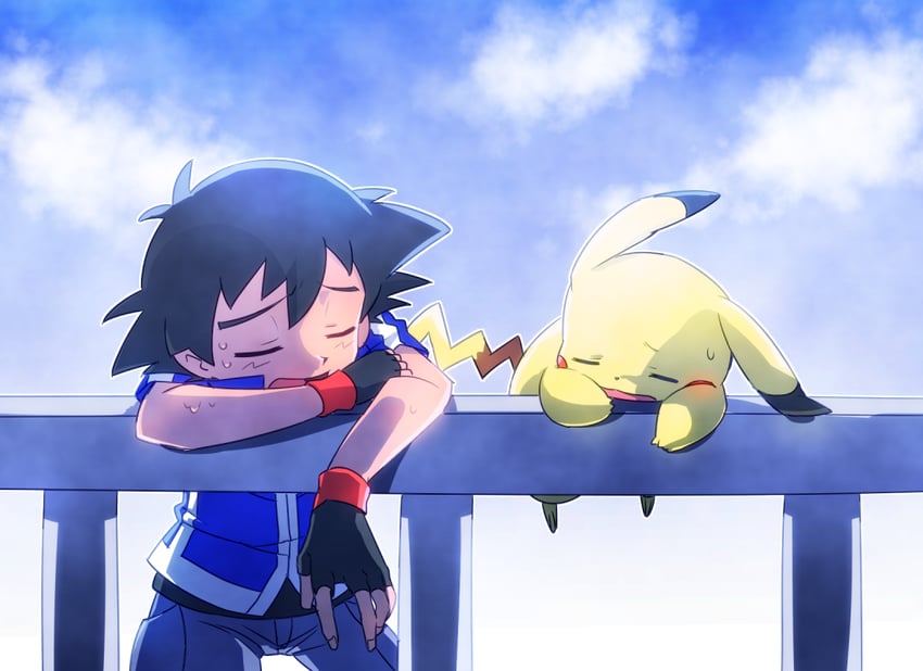 pikachu and ash ketchum (pokemon and 1 more) drawn by ameiro_pk