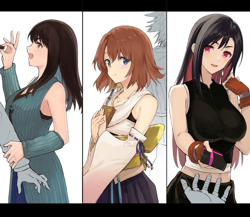 tifa lockhart, yuna, rinoa heartilly, and tidus (final fantasy and 5 more) drawn by 57hosr