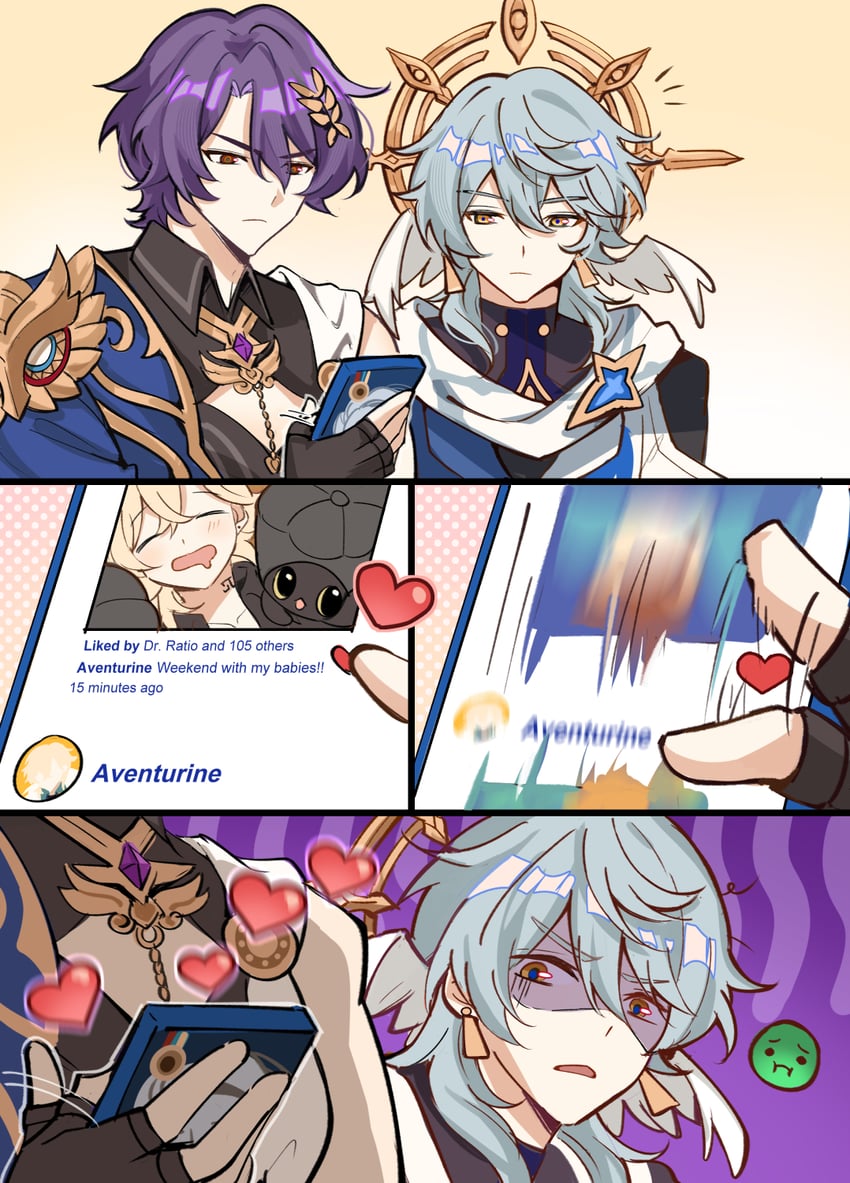 trailblazer, sunday, dr. ratio, and aventurine (honkai and 1 more) drawn by meronppaii