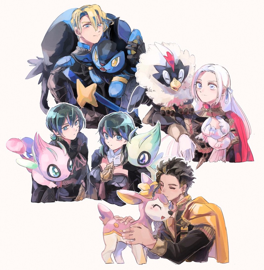 female byleth, edelgard von hresvelg, dimitri alexandre blaiddyd, male byleth, claude von riegan, and 4 more (pokemon and 2 more) drawn by 3rdk0n
