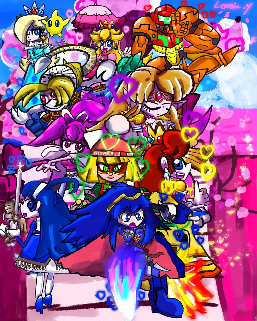 princess zelda, princess peach, samus aran, lucina, rosalina, and 6 more (fire emblem and 6 more) drawn by gameartist1993