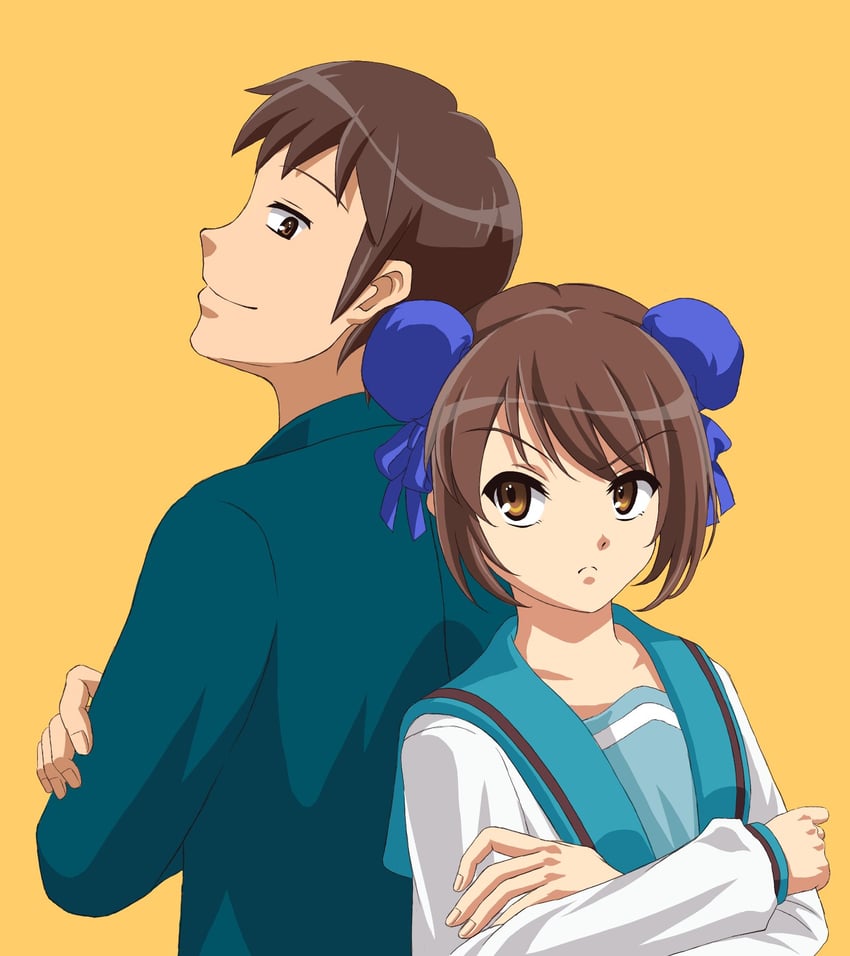 suzumiya haruhi and kyon (suzumiya haruhi no yuuutsu) drawn by zukkiy
