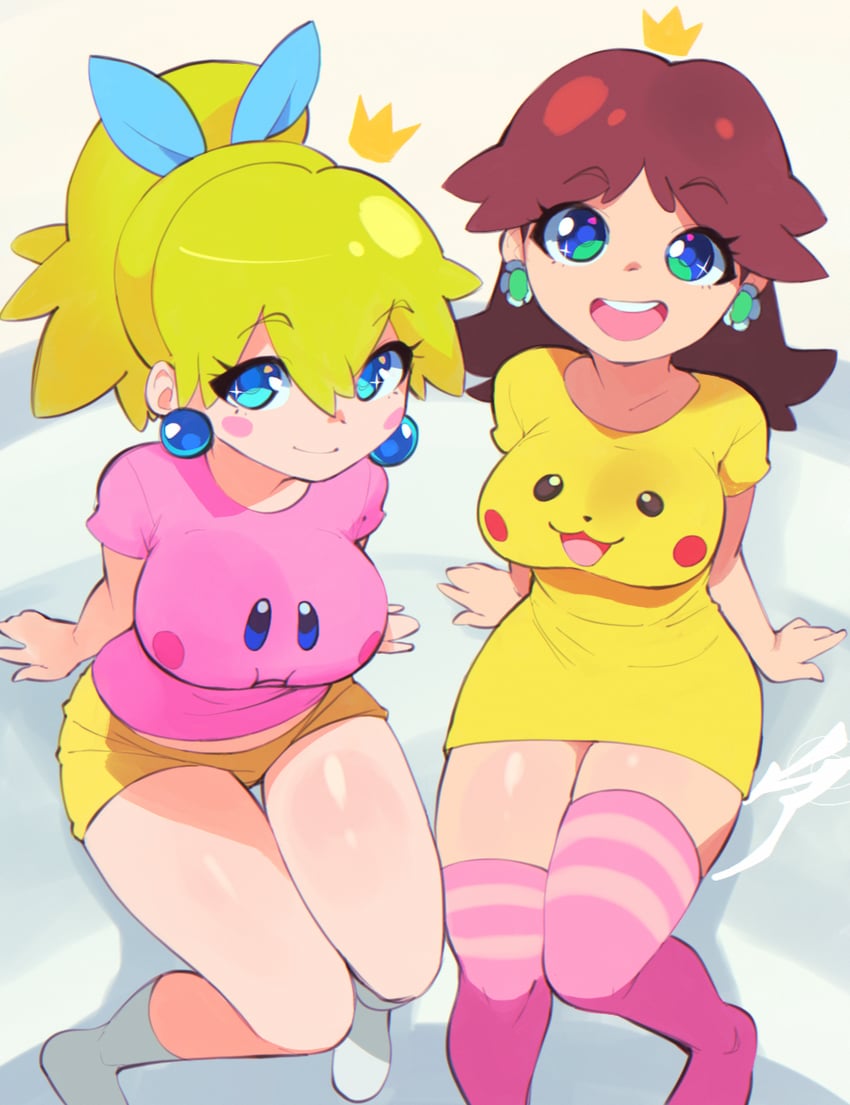 pikachu, kirby, princess peach, and princess daisy (pokemon and 2 more) drawn by aetherion