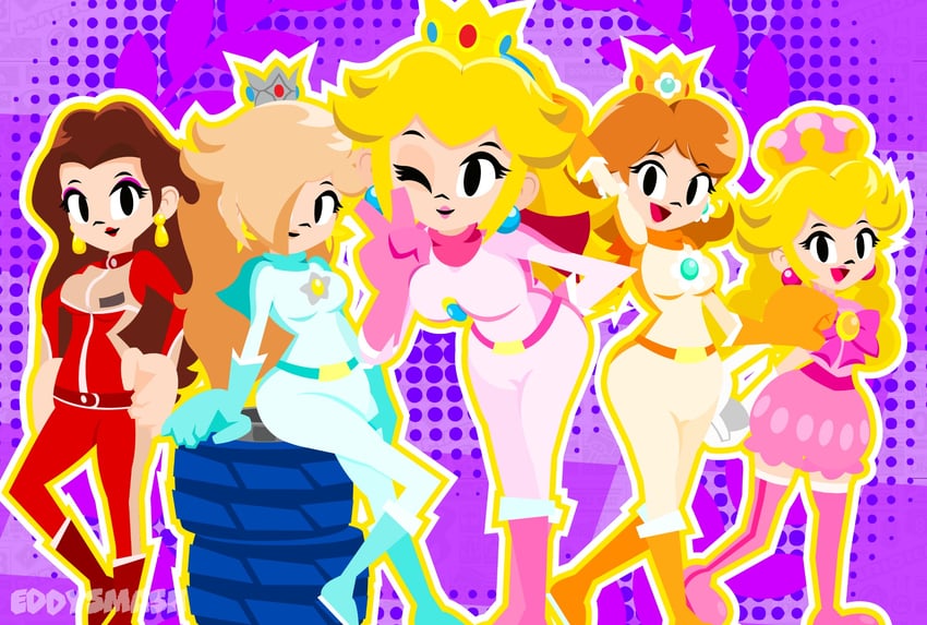 princess peach, rosalina, princess daisy, pauline, biker peach, and 3 more (mario and 1 more) drawn by eddysmash2407
