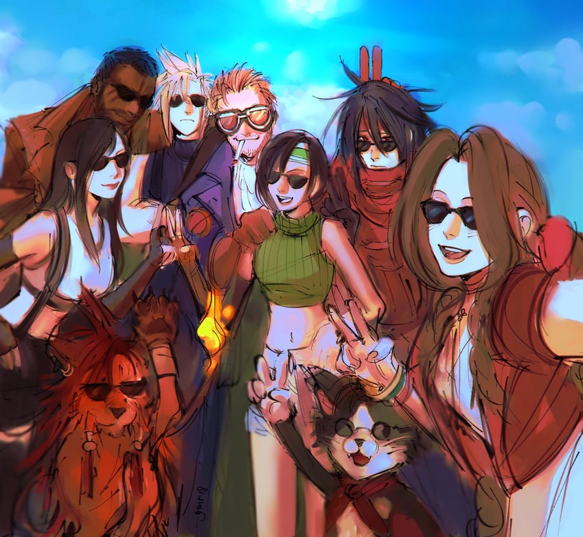 tifa lockhart, cloud strife, aerith gainsborough, yuffie kisaragi, vincent valentine, and 4 more (final fantasy and 3 more) drawn by ymr18